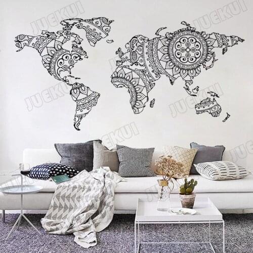 Mandala Pattern World Map Removable Wall Stickers for Living Room Background Home Art Decoration Vinyl Poster Murals TA566