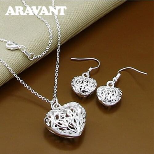 Silver 925 Jewelry Set Heart Pendant Necklaces Earrings Sets For Women Wedding Jewelry