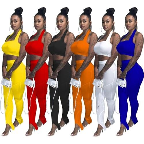 Sexy Halter Crop Top and Pants 2 Piece Set Women Tracksuit Bottom Slit Long Pants Club Outfit Spring Summer Clothes Lounge Wear