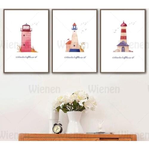 Nordic Watercolor Painting Lighthouse Mediterranean Style Canvas Print Poster Home Decoration for Living Room Kids Room Wall Art