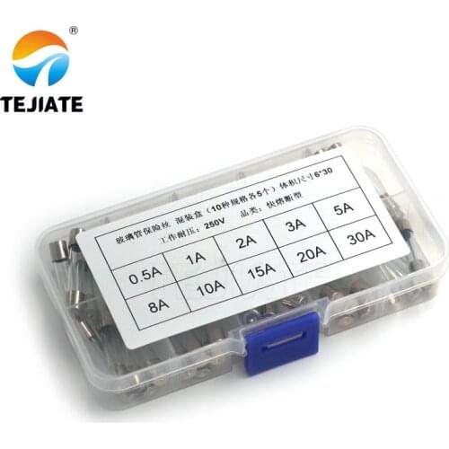 50Pcs/lot 6*30mm Quick Blow Glass Tube Fuse Assorted Kit Fast Blow Glass Fuses 250V 0.5A, A 2A 3A 5A 8A 10A 15A 20A 30A
