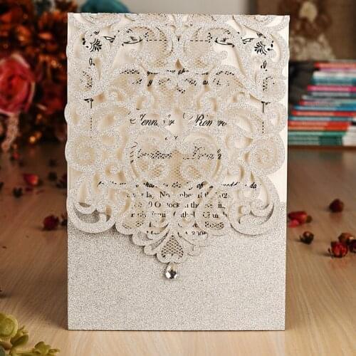 Wishmade Laser Cut Wedding Invitations with Rhinestone Lace Hollow Silver Glitter Invites Cards for Party Supplies 50pcs/lot