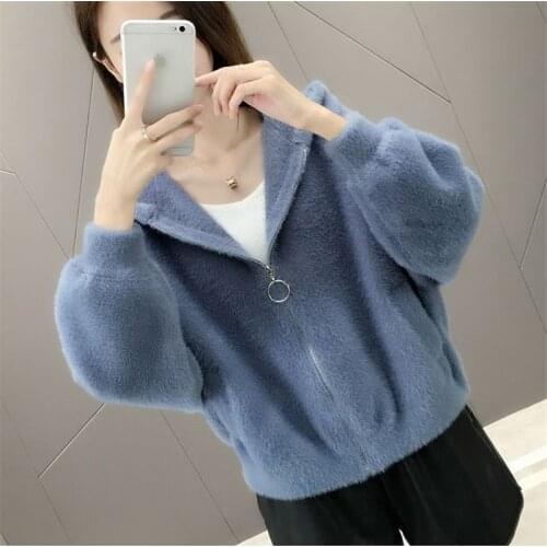 Imitation Mink Cashmere Korean Sweater Cardigan Womens Spring Hooded Zipper Knitted Jacket Solid Color Loose Short Outwear Tops