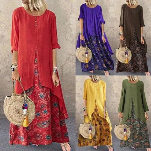 Boho New Women Casual Long Dresses Ladies O Neck Long Sleeve Splicing Kaftan Tunic Cotton Linen Maxi Dress Plus Size S-5XL