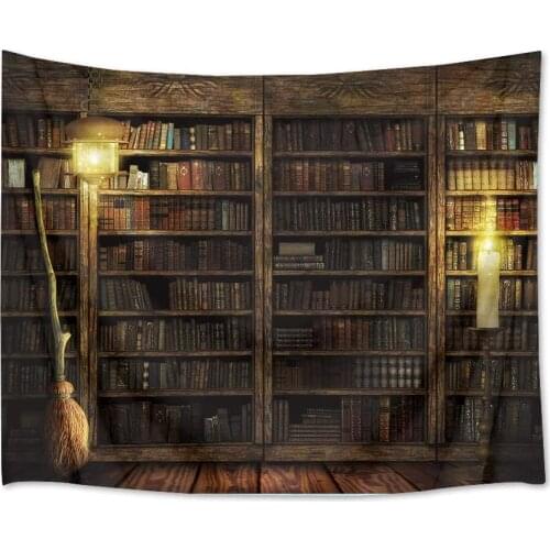 Vintage Library Bookshelf Tapestry with Broom Wall Hanging Used for Bedroom Living Room Dormitory Decoration