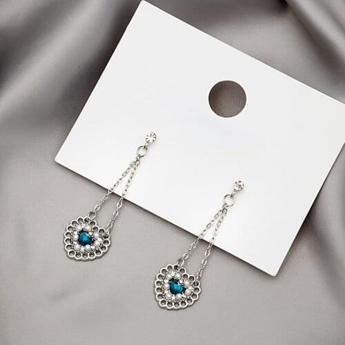 French Style Vintage Heart Tassel Drop Earrings for Women Retro Pearl Blue Zircon Dangle Earrings Fashion Jewelry Wholesale Gift