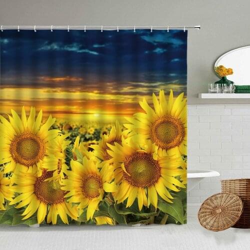 Yellow Sunflower Dusk Sunset Scenery Shower Curtain Rural Countryside Natural Landscape Family Bathroom Waterproof Cloth Screen