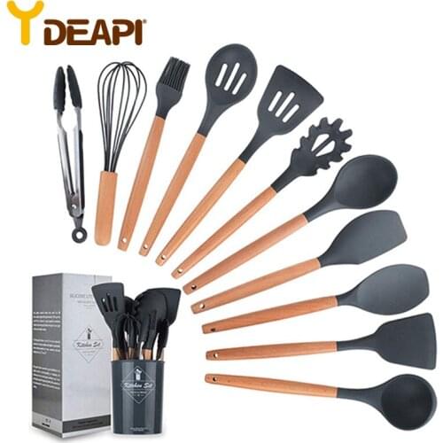 YDEAPI 12PCS Silicone Wooden Handle Cooking Utensils Set Non-stick Spatula Shovel Cooking Tools With Storage Box Kitchen Tools
