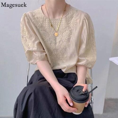 O Neck Summer Flowers Chiffon Shirts Fashion Embroidered Silk Casual Womens Blouse Bubble Sleeve Loose Tops White Blusas 15614