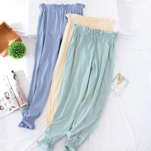 Ladies Autumn Summer Sleep Bottoms Solid Elastic Waist Sleeping Pants Loose Cotton Pijamas Women Sleepwear Womans Lounge Wear
