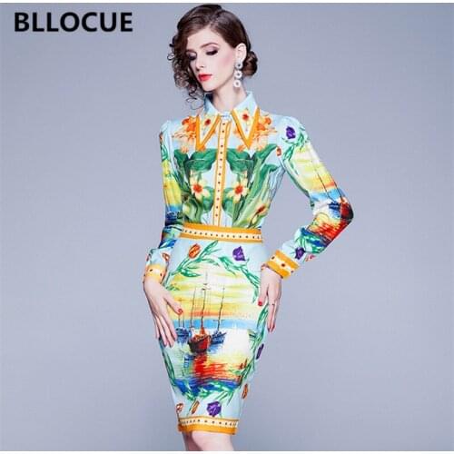 BLLOCUE High quality Fashion Runway Two Pieces Set Womens Long Sleeve Flower Printed Shirt+ High Waist Knee Skirts Suits
