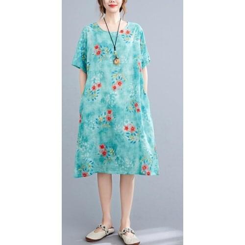 Women Summer Cotton Linen Casual Dress New Arrival 2021 Vintage Style Floral Print Loose Comfortable Female Long Dresses B558