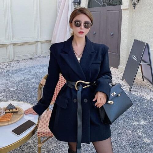 Autumn Winter Women Short Coat with Belt Long Sleeve Thick Turn-down Collar Double Breasted Minimalist Korean Ladies Jacket
