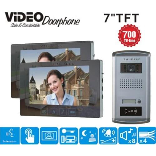 ZHUDELE 7"monitor Speakerphone intercom Color Video Door Phone doorbell access Control System IR camera doorphone with ID CARD