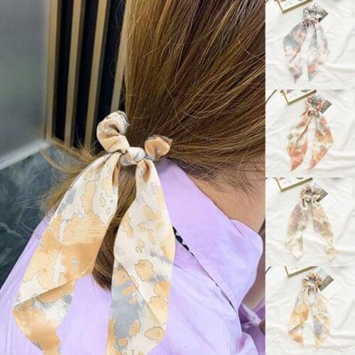 1PCS Vintage Tie-dye Bow Scrunchies Female Elegant Rabbit Ear Elastic Hair Bands Fashion Soft Chiffon Knotted Hair Ties Rope