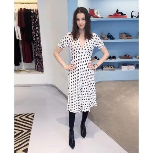 2021 summer d family same fresh white floral print medium long short sleeve V-neck slim dress