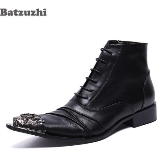 Batzuzhi Black Genuine Leather Boots Men British Type Mens Boots Pointed Iron Toe Lace-up Business Shoes Boots Men, EU38-46