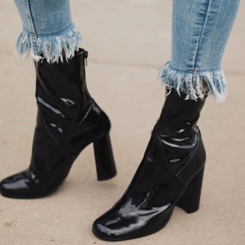 Fashion Black Shinny Leather Ankle Boots Chunky Heels Round Toe Back Zipper High Heel Short Boots Drop Ship