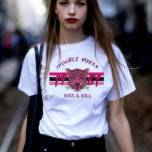 BLINGPAW Pink Leopard Trouble Maker Letters Print T-shirt Harajuku Animal Print Casual O-Neck White Cotton T Shirt Women Clothes