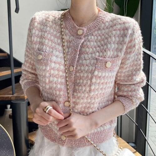 Korean Bright Silk Knitted Cardigan Women Elegant Slim Long Sleeve Sweater Jacket Female Vintage Casual Crew Neck Knitwear Tops