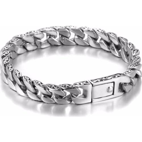 Mens Heavy Bracelet Curb Cuban Link Silver Color 316L Stainless Steel Wristband Buckle Male Jewelry 11.5mm Width