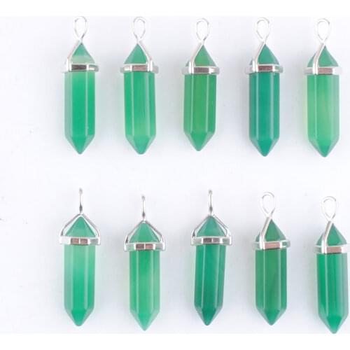 Wholesale 10Pcs Green Agates Natural Stone Pendant Hexagonal Bullet Reiki Chakra Beads Gem Women Jewelry QN4421