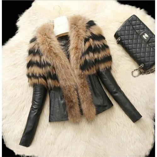 Large Collar Buckle Long Sleeve Sexy Punk Motorcycle Jacket Coat Top Pu Womens Jacket Top Short High Imitation Raccoon Dog Wool