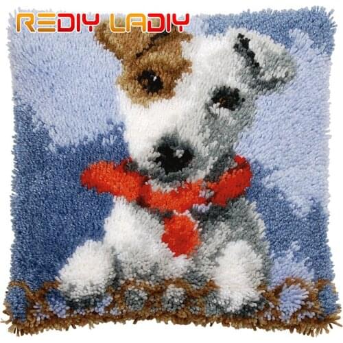 REDIY Latch Hook Cushion White Cute Puppy Pillow Sofa Decor Crocheting Yarn Kits for Embroidery Pre-printed Color Canvas BZ867