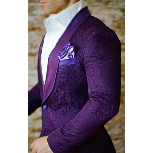 High Quality One Button Red Purple Groom Tuxedos Groomsmen Shawl Lapel Best Man Blazer Mens Wedding Suits (Jacket+Pants) custom