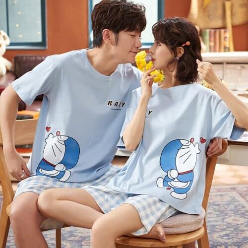 Funny Japan Anime Couples Pajamas Sets Women Men Summer Cotton Sleepwear Korean Blue Plaid Short Sleeve Lovers Homewear
