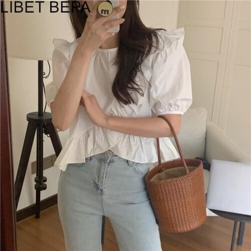 New 2021 Summer Women Blouses Shirt Sweet Ruffle Minimalist Elegant Wild Korean Style Solid Lady White Vintage Short Tops BL9282