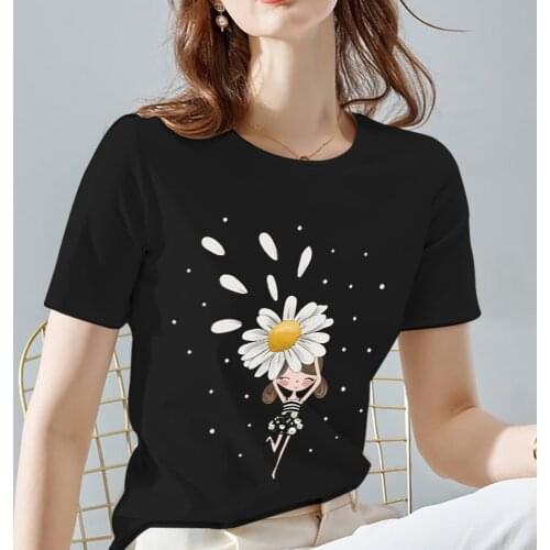 Women Tops XXS-3XL TShirt Summer New Daisy Flower Graphic Shirts Short Sleeve Tops Black All-match Printed Tees Dropshipping