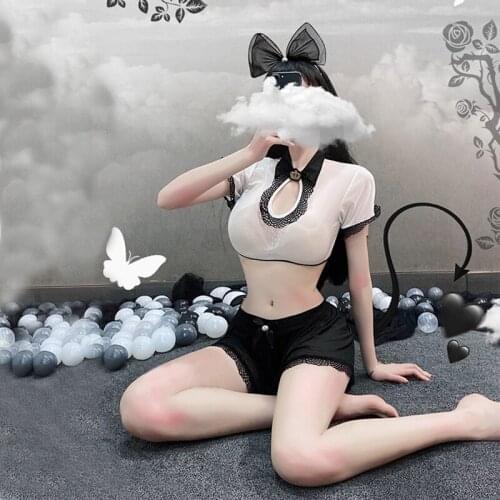 Women Anime Sexy Cosplay Costume princess Erotic Dress Perspective Role Play Outfit Black White Top And Skirt Entice Set