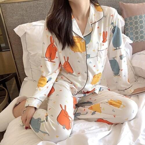 Women Pajamas Set Cartoon Fruit Print Shirt + Trousers Long Sleeve Cardigan Lapel Fashion Sleepwear
