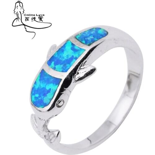 Fish Shaped Silver Plated Blue Fire Opal Ring for Women Fashion Style Wholesale Opal Jewelry Gift for Friend Finger Ring OR017