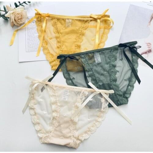Women Sexy Lace Underwear Panties Bow Knot Soft Comfortable Lingeries Female Transparent Mesh Low Rise Briefs