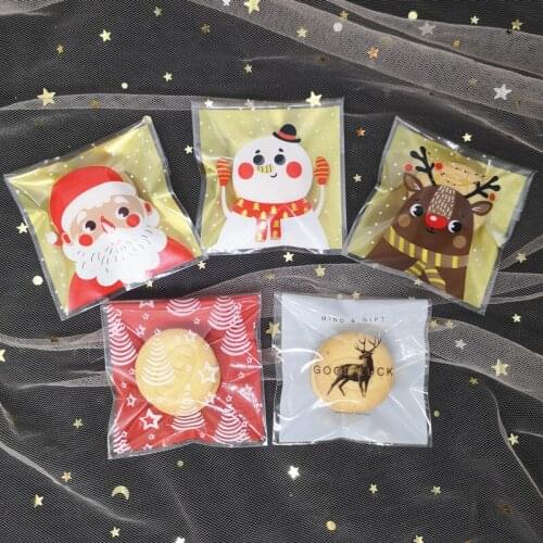 100pcs 7cm*7cm Cartoon Gifts Bags Christmas Candy Cookie Packaging Self-adhesive Plastic Bags For Biscuits Snack Baking Package