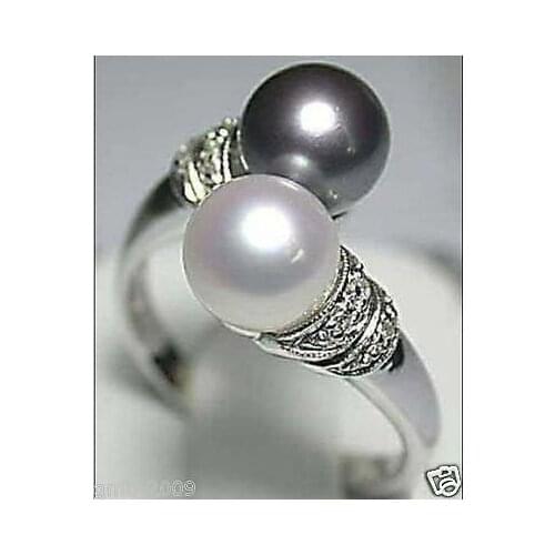 8mm Real Black South Sea Shell Pearl Ring US size 6 7 8 9# Girl WOMEN Quartz ringe hook -jewelry