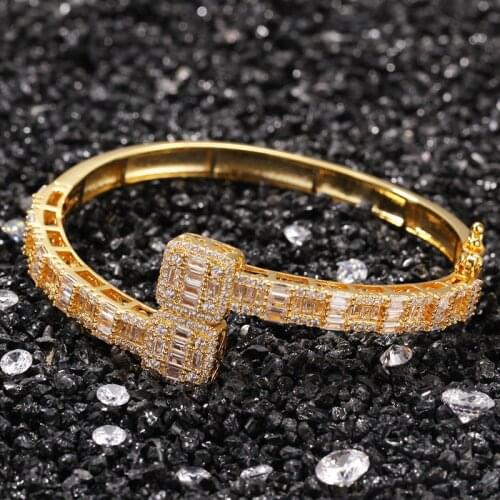 Hip Hop AAA+ Cubic Zirconia Paved Bling Ice Out Open Cuff Bangle Bracelets for Men Women Unisex Charm Rapper Jewelry