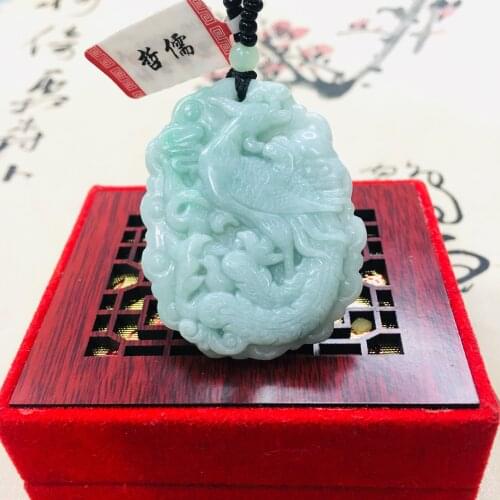 Zheru pure natural Jadeite carved light green oval Phoenix pendant with green bead chain sweater chain Send A certificate