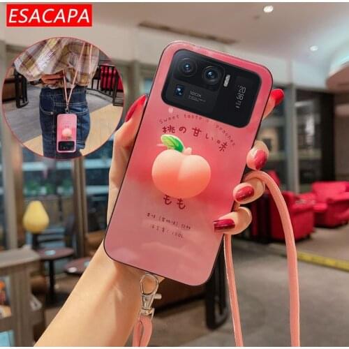 3D Peach Relieve Stress Phone Case For Xiaomi Mi 11 Ultra Lanyard Necklace Tempered Glass Shockproof Cover For Xiaomi 10S 9 SE
