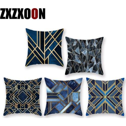 Decorative Throw Pillows Case Polyester Gold Dark Blue Geometric Sofa Home Decor Cushion Cover for Living Room Decoration