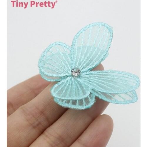 12PCS Double-layer Embroidery Butterfly Appliques Baby Color Butterfly w/ Rhinestone for DIY Girl Headband, Hair Clips