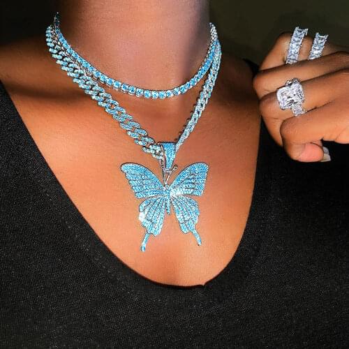 Flatfoosie Blue Pink Clear Crystal Butterfly Pendant Necklace Charm Miami Cuban Link Chain Necklace for Women Hip Hop Jewelry