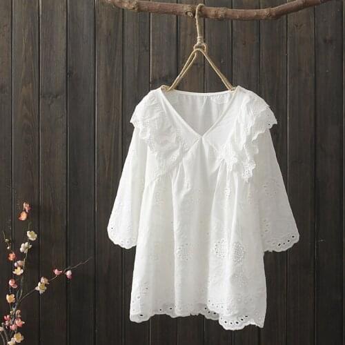 Cotton 100% Lace White Women Blouse Summer New 2021 V-Neck Flare Sleeved Loose Elegant Female Pulls Tops Tees