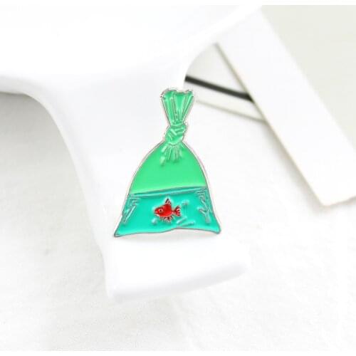 Red Fish In A Green Transparent Bag Brooch Enamel Pins For Women Creative Gifts Clothing Badge Accessories Female Jewelry