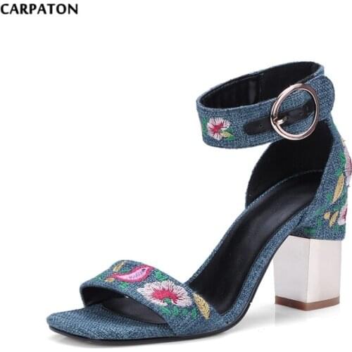 Carpaton 2019 Fashion Open Toe Denim Blue High Heel Sandal Sexy Open Toe Flower Embroidery Thick Heels Buckle Strap Sandal
