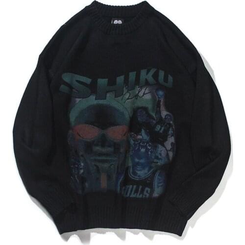 Men Hip Hop Knitted Jumper Sweaters Anime Printed Streetwear Harajuku Autumn Oversize Hipster Casual Pullovers