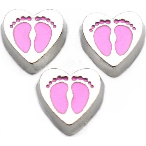 Newest 10pcs/lot Metal Enamel Heart Pink Boby Footprint Floating Charms For Living Glass Memory Lockets Necklace DIY Jewelry