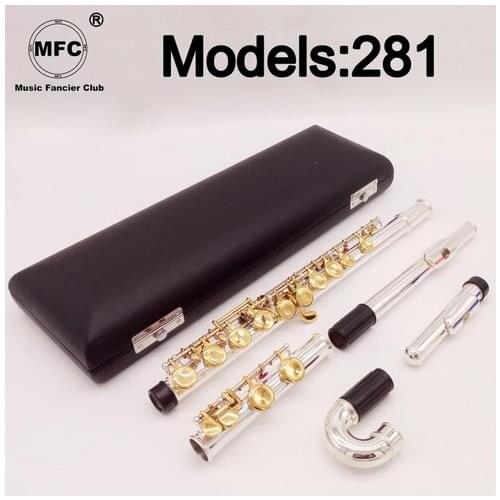 New MFC Professional Flute 281 Silver Plated Flute Gold Key Intermediate Student Curved Headjoint Flutes C Leg 16 Hole Close